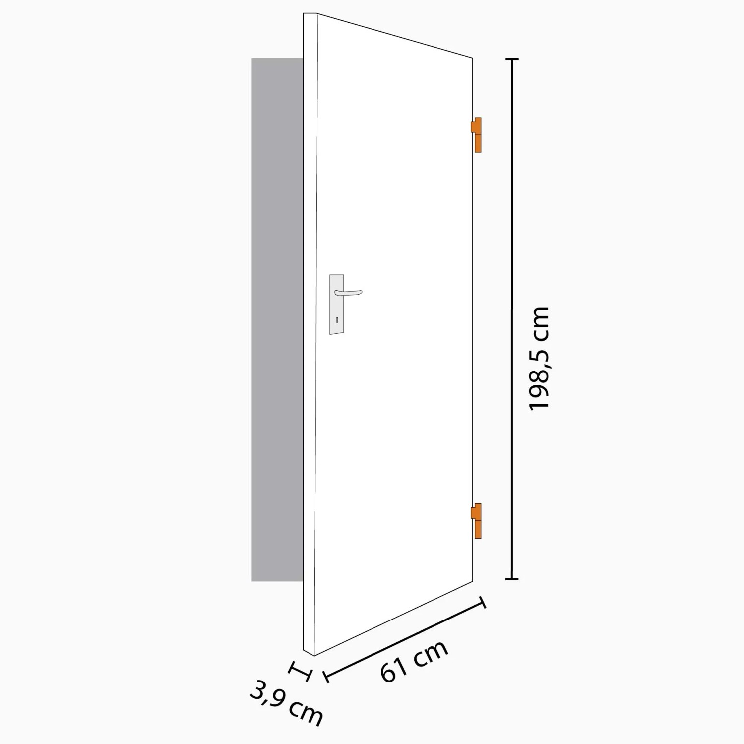 Zimmertür in Buche Dekor (61x198,5cm) mit rechtem Anschlag und Maßangaben.