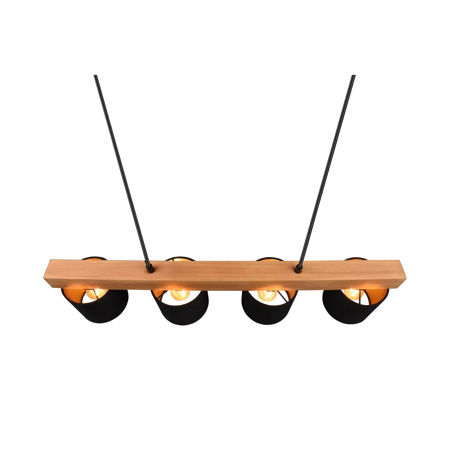 Reality Pendelleuchte Cameron, 4-flammig, naturfarbenes Holz, schwarze Lampenschirme mit Goldakzenten.