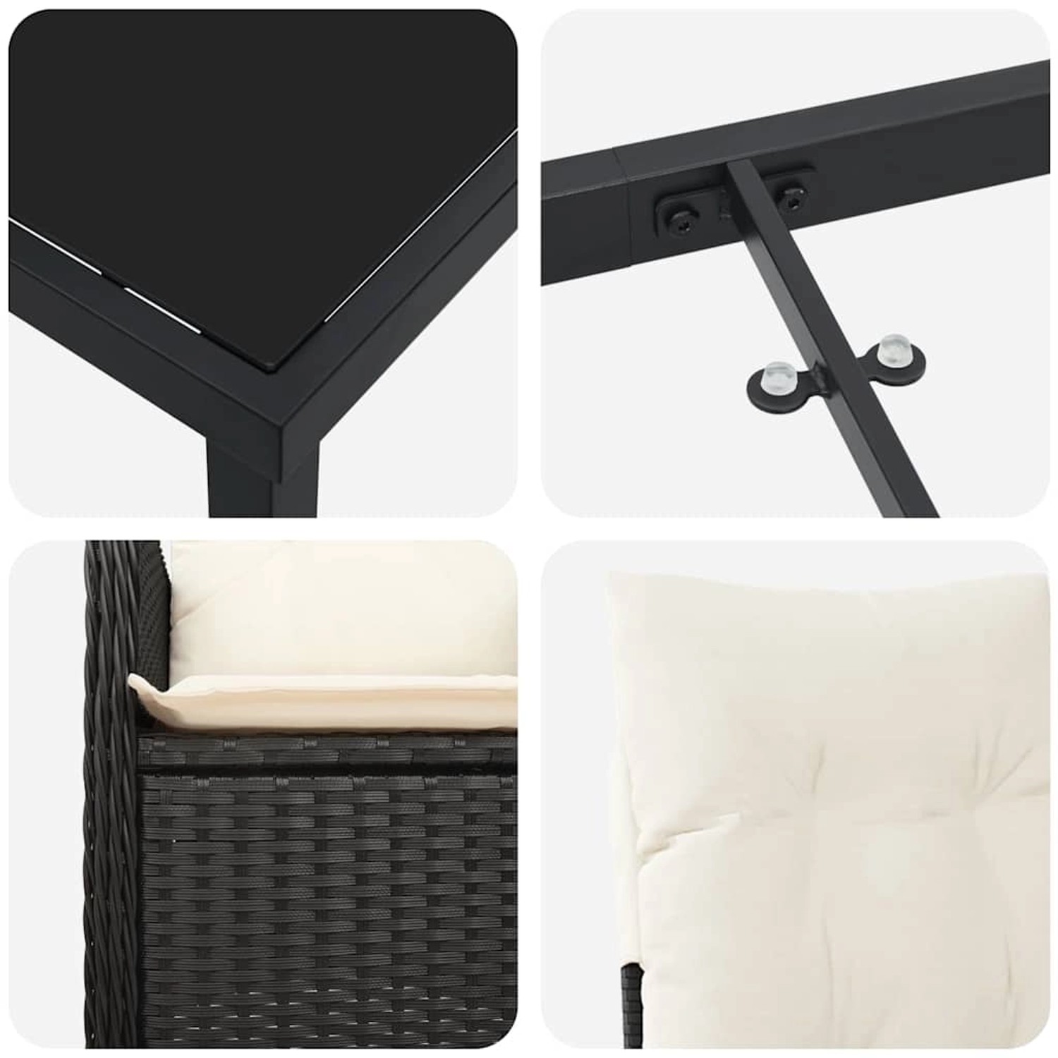 Detailansichten der schwarzen vidaXL Garten Essgruppe aus Polyrattan mit cremefarbenen Kissen.