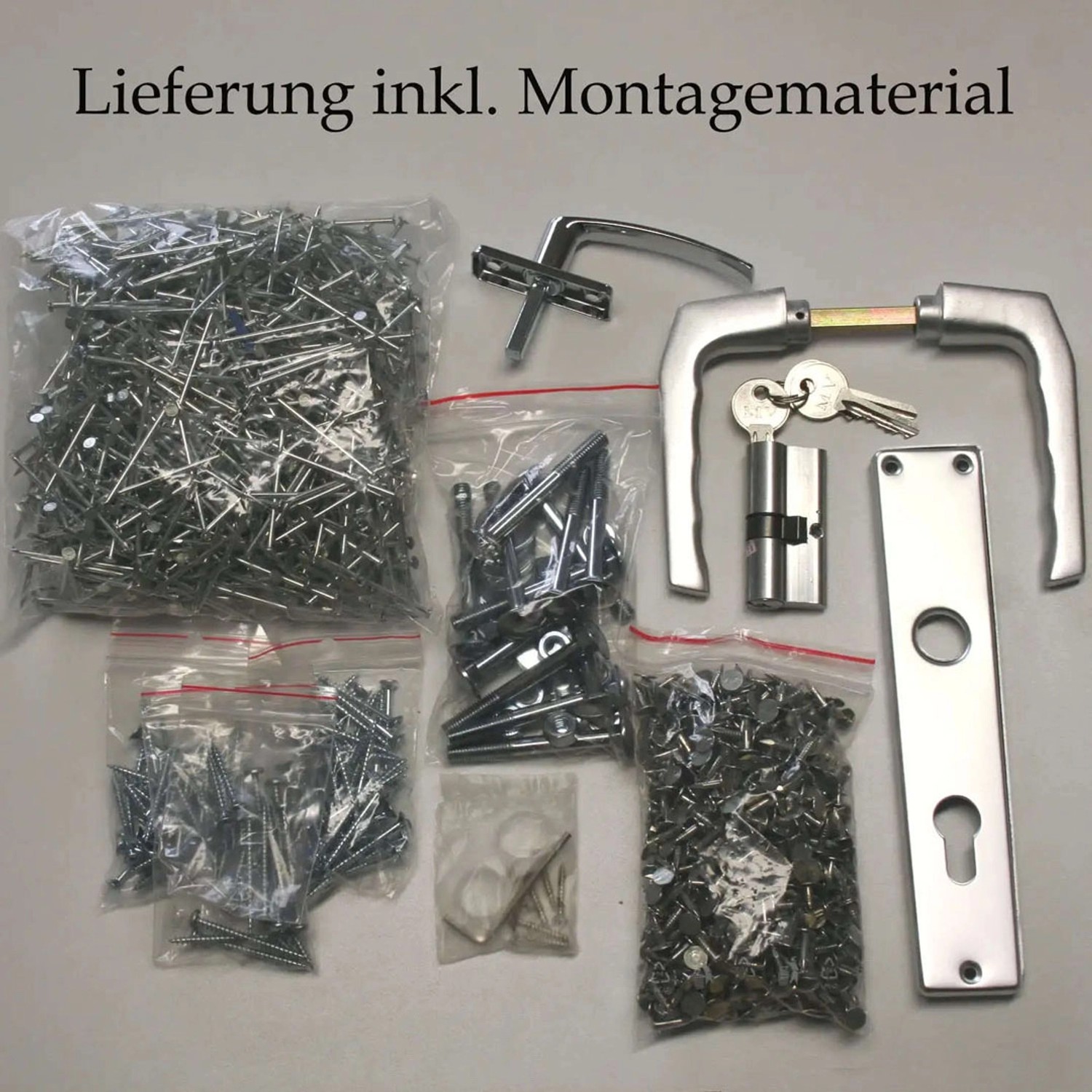 Montagematerial für Alpholz Gartenhaus: Schrauben, Nägel, Türgriff, Schloss mit Schlüssel.