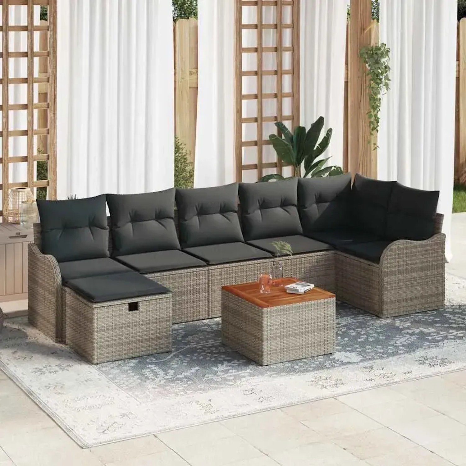 Graues 8-teiliges vidaXL Garten-Sofa-Set aus Rattan mit Kissen und Stauraum.