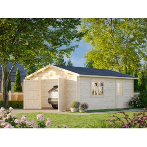 Palmako Garage Roger, lackiert grau-weiß, mit Holztor und Fenster. Fertiggarage aus Holz.