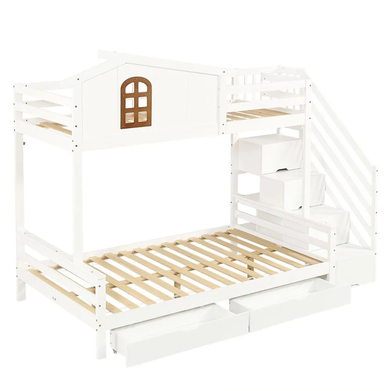 KOMHTOM Etagenbett  Kinderbett 90x200Cm/120x200Cm Mit 2 Schubladen Fenster Kleiderschrank Leiter Lattenrost Kiefernholz+Sperrholz Weiß+Natur