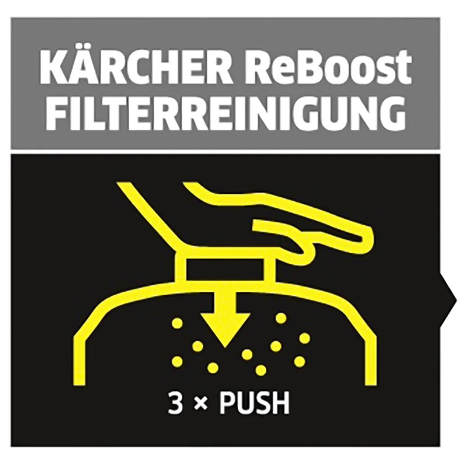 Symbol für Kärcher ReBoost Filterreinigung: 3x Drücken für Aschesauger mit Akku.