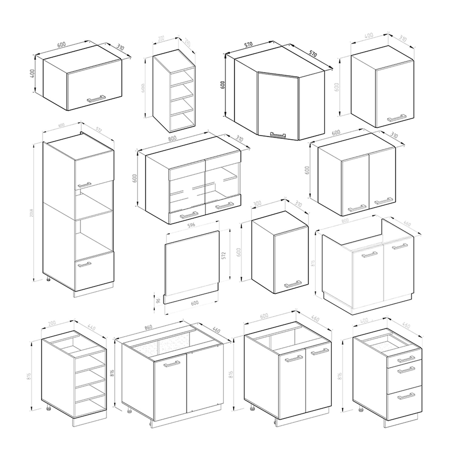 Skizze verschiedener Elemente der Vicco R-Line Eckküche im Landhausstil mit Maßangaben.