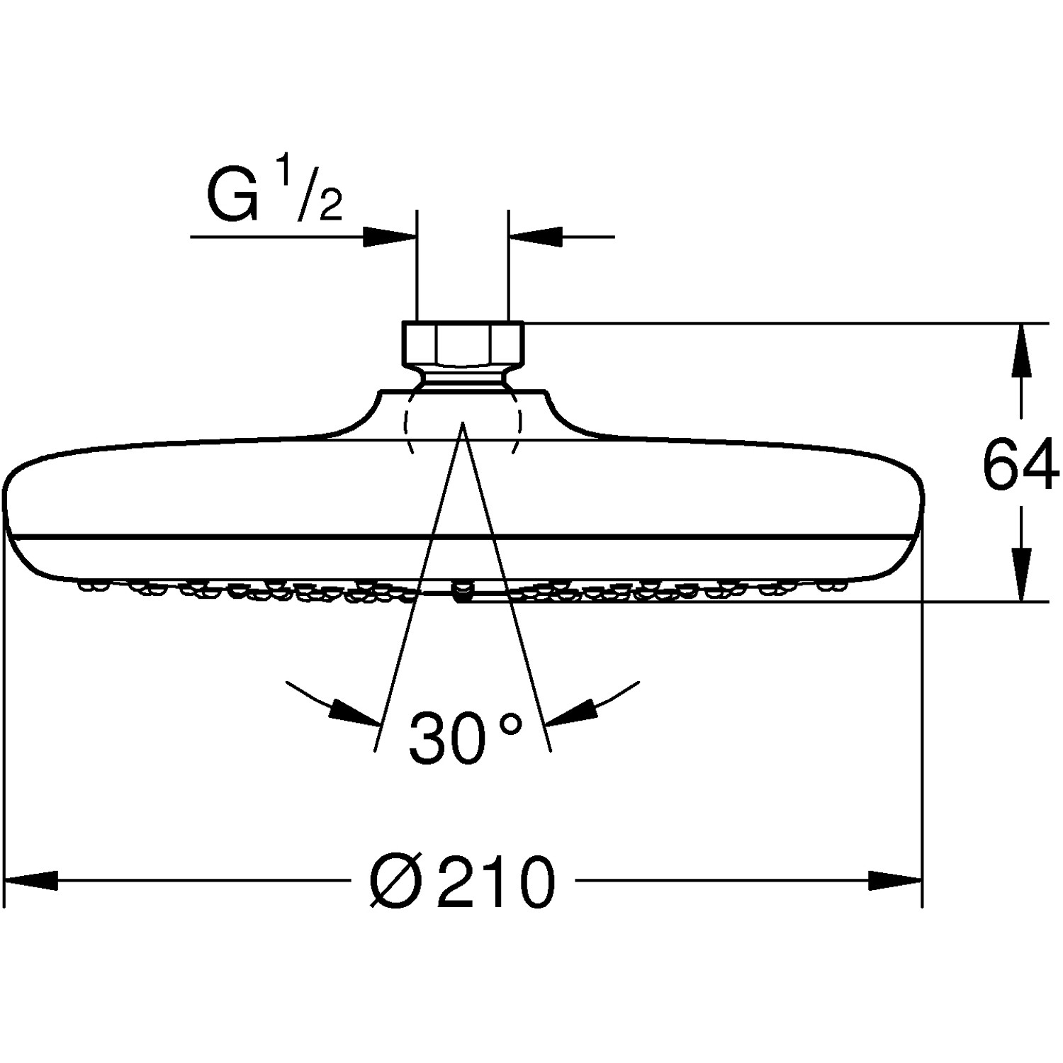Technische Zeichnung: Grohe QuickFix Kopfbrause Vitalio Start 210 mit Maßen.