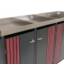Proregal 4er-Mülltonnenverkleidung anthrazit mit dunklen Holzoptik-Türen und Edelstahl-Pflanzkasten.
