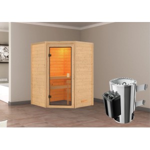 Karibu Sauna Antonia mit Ofen: Massivholzsauna mit Glastür und Saunaofen mit Steuerung.