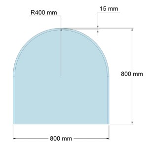Feuercampus Funkenschutzplatte Glas Rundbogen 80x80 cm. Maße: Breite 800 mm, Höhe 800 mm, Radius 400 mm für Kaminofen.