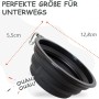 Schwarzer, faltbarer Reisenapf für Hunde mit Karabiner und Größenangaben.