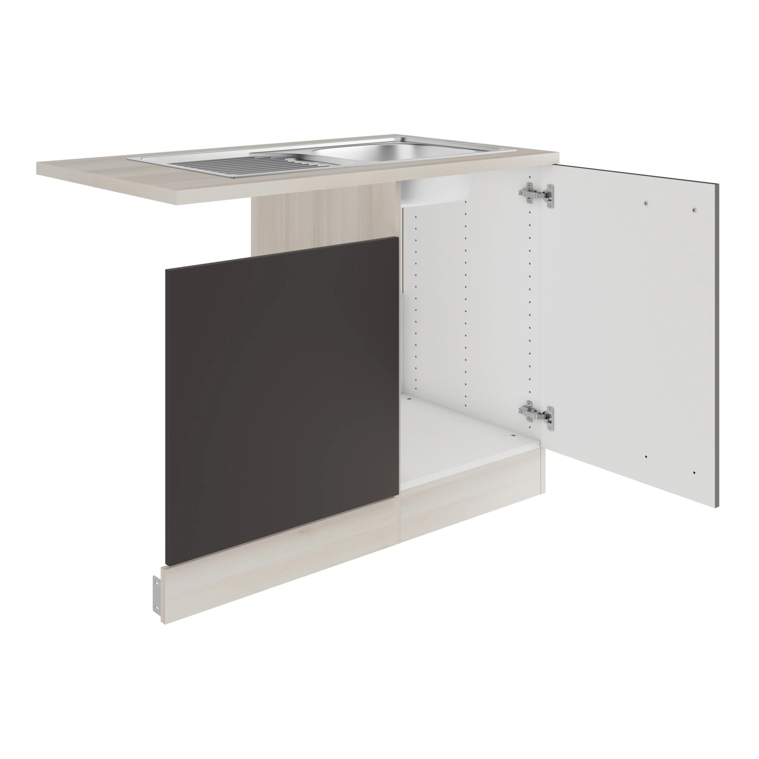 OPTIFIT Faro220 Spülenunterschrank in Anthrazit mit Edelstahlspüle und Arbeitsplatte in Akazie Nachbildung.