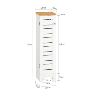 SoBuy Toilettenrollenhalter BZR85-W, Bad-Standregal aus MDF, weiß mit Holzplatte, Maße sind eingezeichnet.