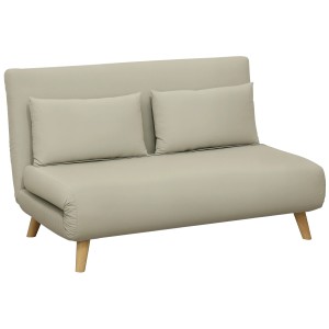 Beiges HOMCOM 3-in-1 Schlafsofa mit zwei Kissen und Holzfüßen.