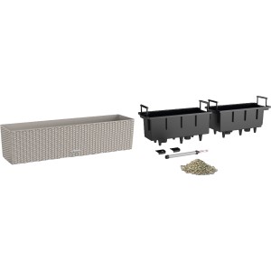 Lechuza Balconera Cottage 80, sandbrauner Blumenkasten mit Bewässerungssystem und Zubehör.