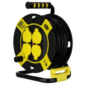 REV Ritter Kabeltrommel mit 4-fach Steckdose, 25m Kabel, schwarz-gelb. Ideal für den Außenbereich.