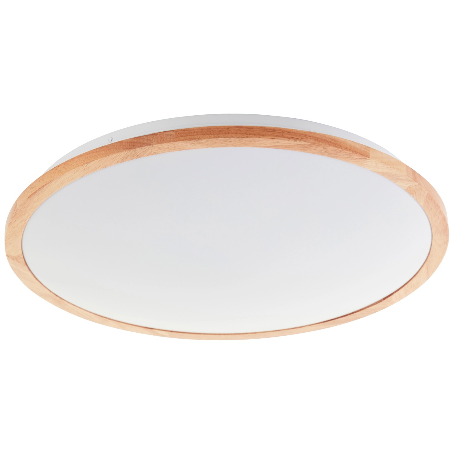 Weiße LED-Deckenleuchte Bario mit hellem Holzrahmen, Ø 52cm. Dimmbar und CCT-fähig.