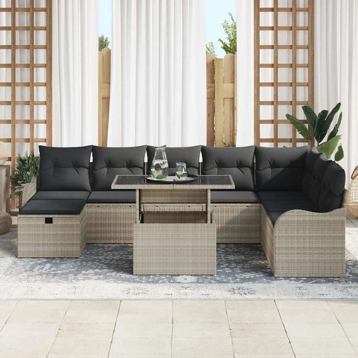 Hellgraues 9-teiliges vidaXL Garten-Sofa-Set aus Poly Rattan mit Tisch und Kissen.