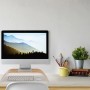 Gebogener Monitorständer aus hellem Bambus auf einem Schreibtisch, Tastatur darunter. Ergonomische PC-Erhöhung für Büro.