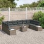 Graues 11-teiliges vidaXL Garten-Sofa-Set aus Poly Rattan mit Kissen und Tisch.