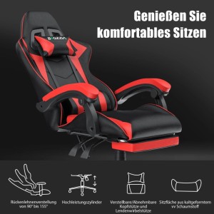 Rattantree Höhenverstellbarer Gaming Stuhl mit Fußstütze und Lendenkissen Ergonomisch Rot