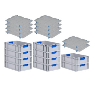PROREGAL Spar Set: 10 graue Euroboxen mit blauen Griffen und Auflagedeckel, gestapelt.