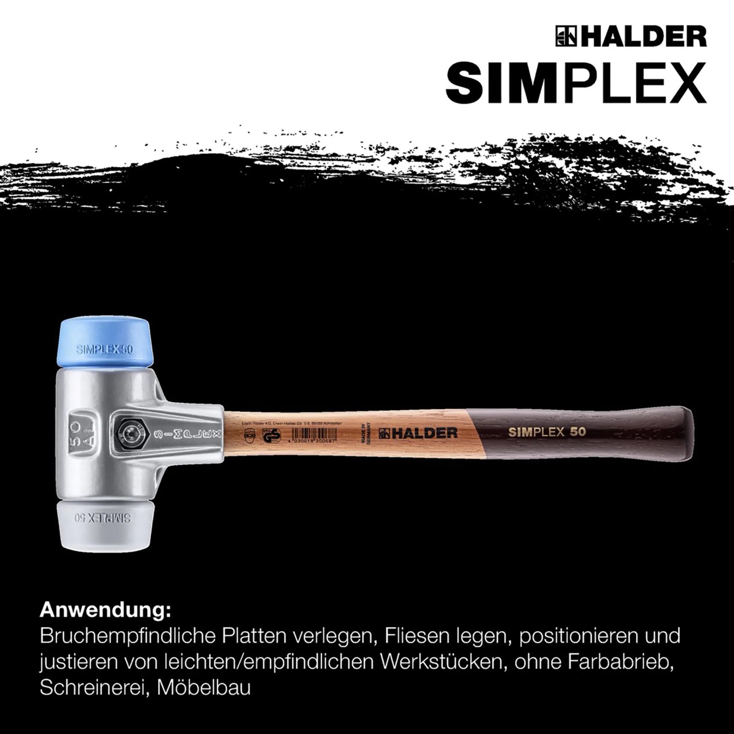 Halder Simplex Schonhammer 50mm mit Alugehäuse und Holzstiel, TPE-soft/mid Schlagflächen.