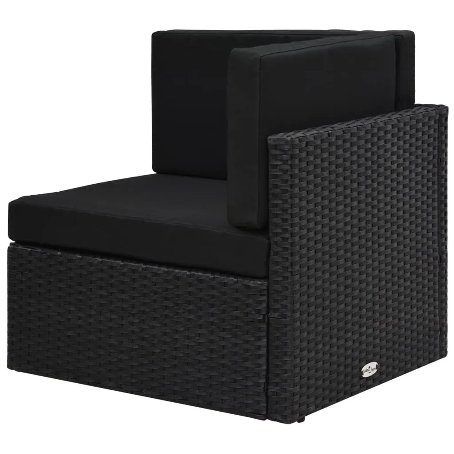 Schwarzes Ecksofa-Element aus Polyrattan für vidaXL Garten-Lounge-Set. Gartenmöbel mit Sitz- und Rückenkissen.