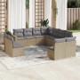 Beige 11-tlg. Garten-Sofagarnitur aus Rattan mit grauen Kissen für Terrasse und Garten.