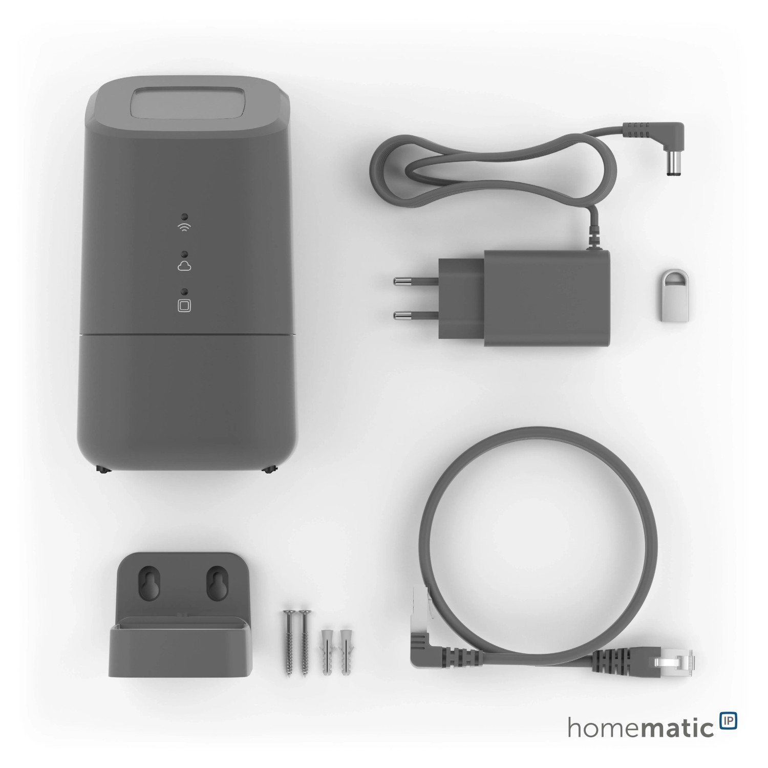 HmIP Home Control Unit in Anthrazit mit Zubehör für die Hausautomation.