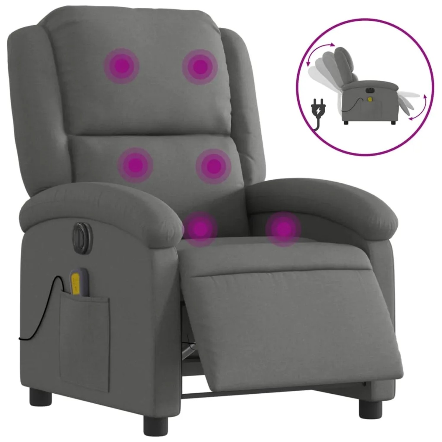 Elektrischer Massagesessel, dunkelgrau, Samt, mit Vibrationsmassage und verstellbarer Rückenlehne.