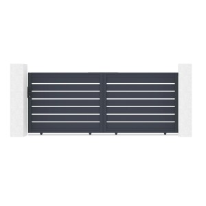 Elektrisches Schiebetor Casanoov Vogel 3,5m mit Antrieb, graues Aluminium mit horizontalen Linien.