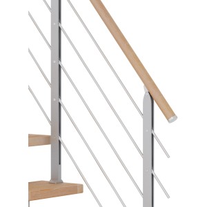 Detailansicht Dolle Mittelholmtreppe Frankfurt Buche/Perlgrau: Geländer mit Holzhandlauf und Edelstahlstäben.