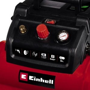 Einhell Kompressor TC-AC 190/6/8 Ölfrei: Detailansicht der Bedienelemente und des Manometers.