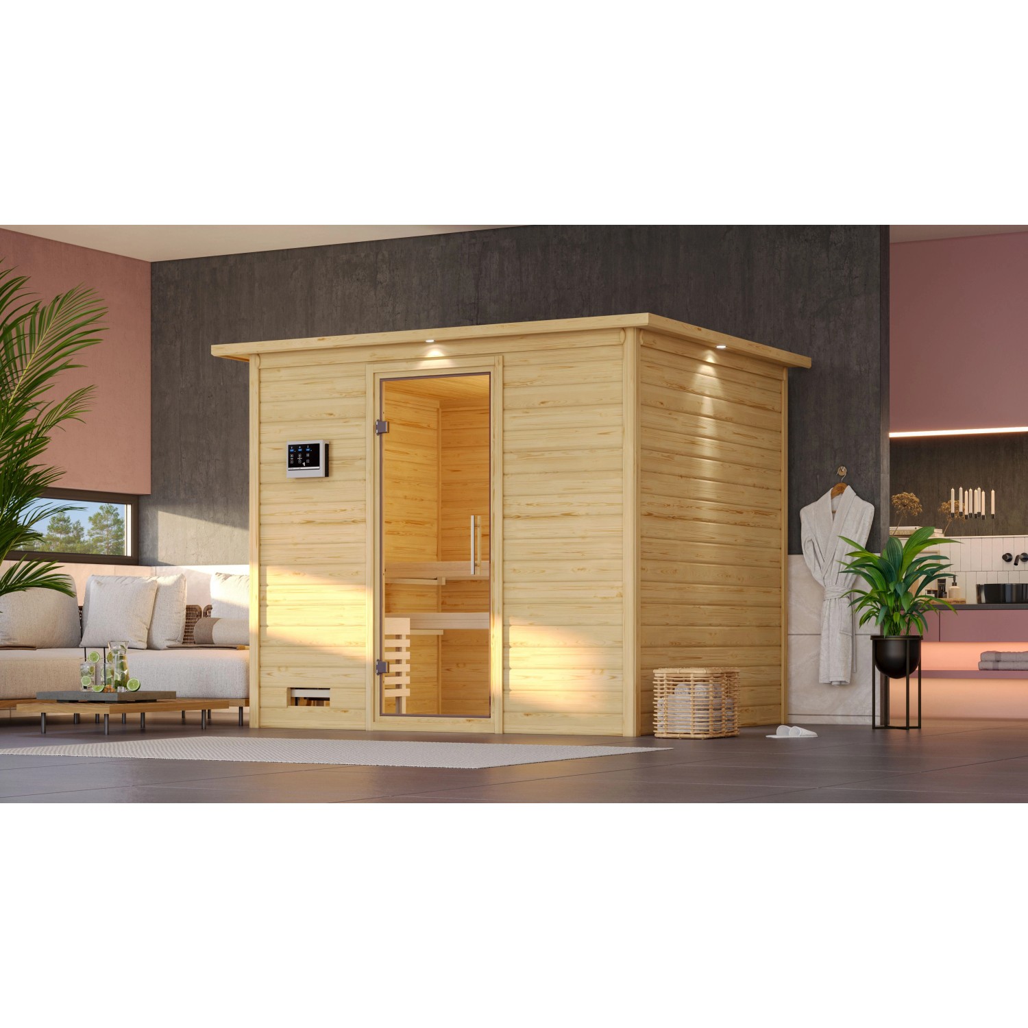 Karibu Sauna Sarina mit Ofen externe Stg.Easy LED-Dachkranz Natur günstig online kaufen