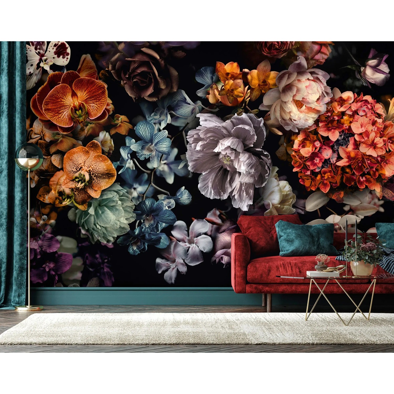 Marburg Fototapete Floral Modern, schwarz-blaue Blumenwand für Wohnzimmer.