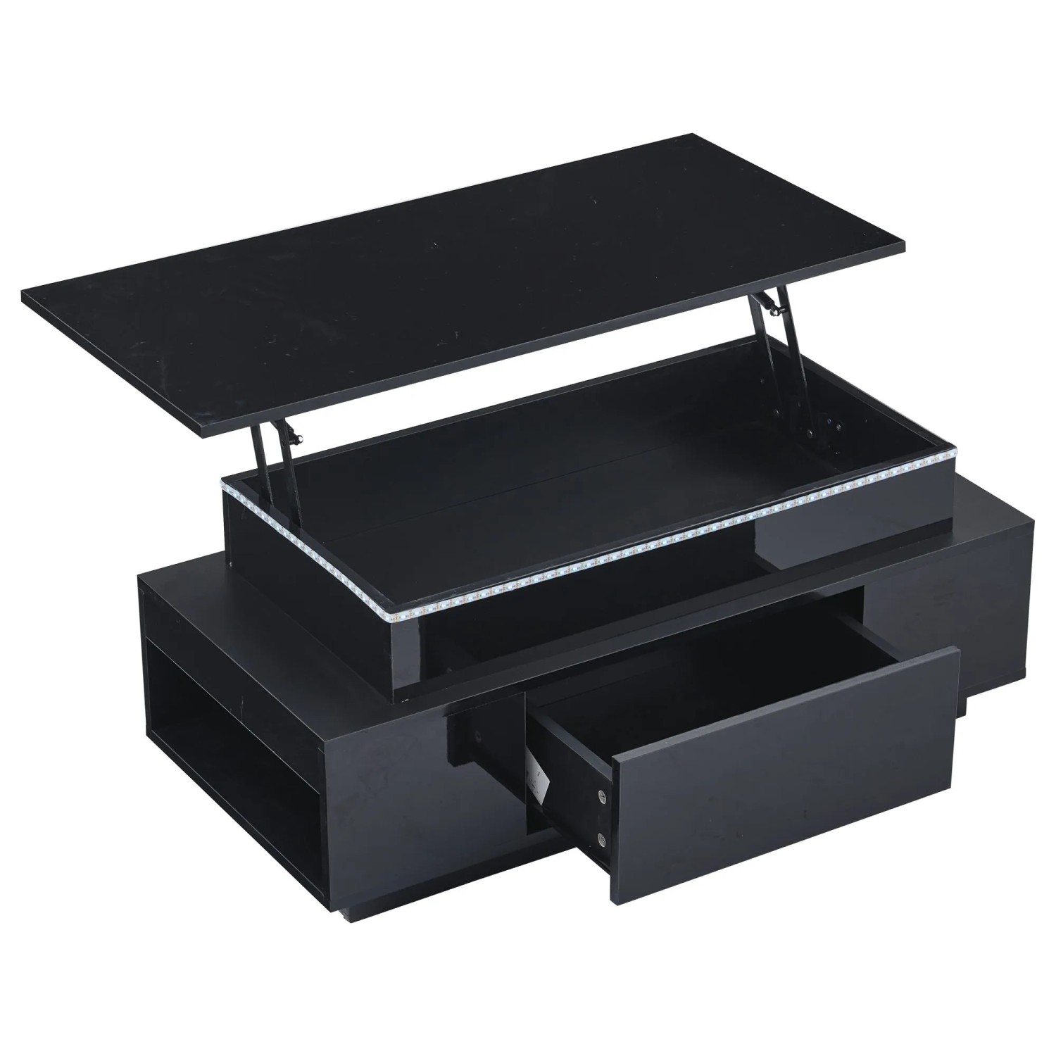 ModernLuxe Couchtisch Höhenverstellbar mit Stauraum 1 Schublade LED Spanplatte Schwarz