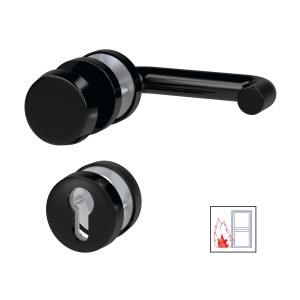 Schwarze Basi Feuerschutz Rosettengarnitur aus Kunststoff mit U-Form Drücker und geradem Knopf.