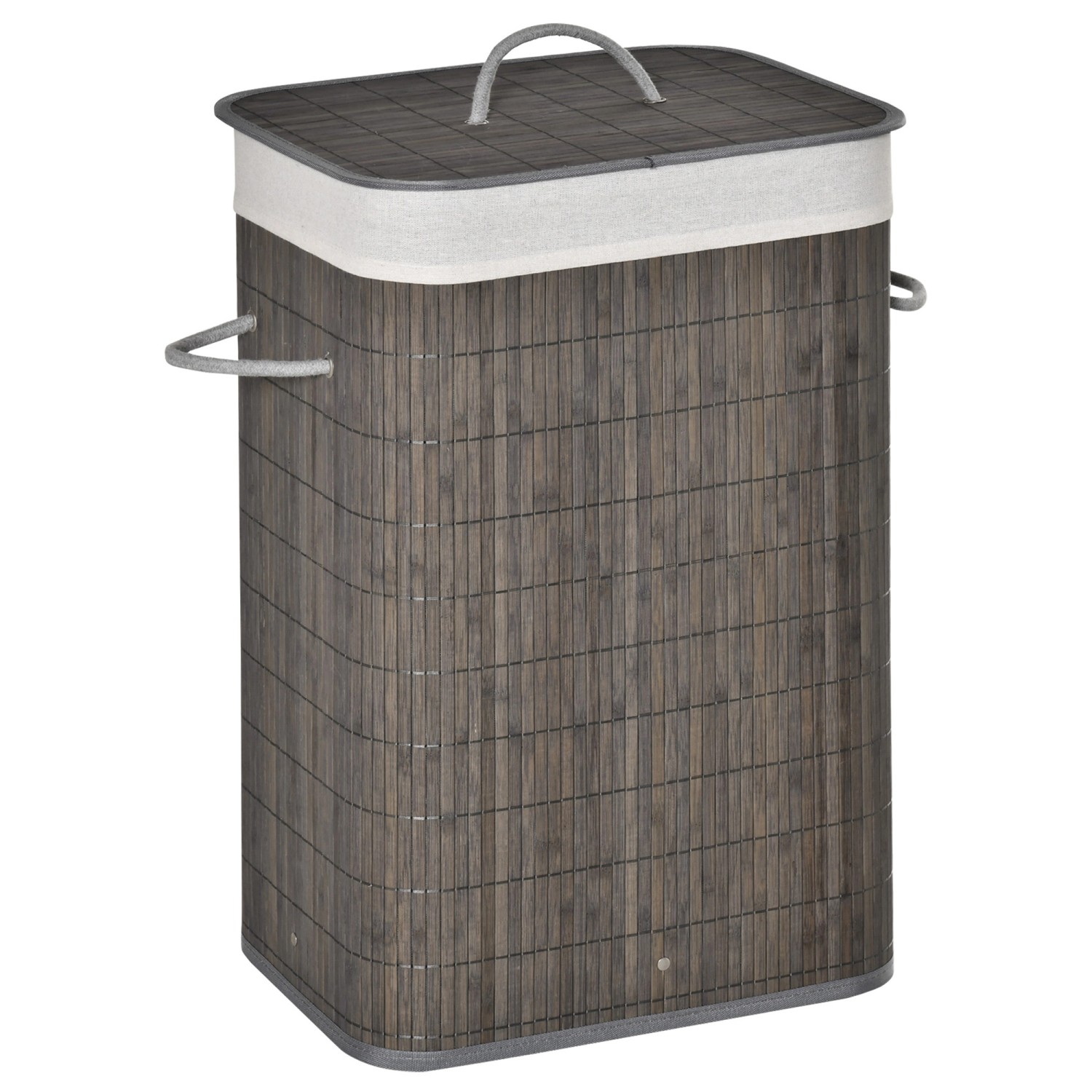 HOMCOM Wäschekorb mit Griffen Bambus Metall Grau 43L x 32B x 61H cm