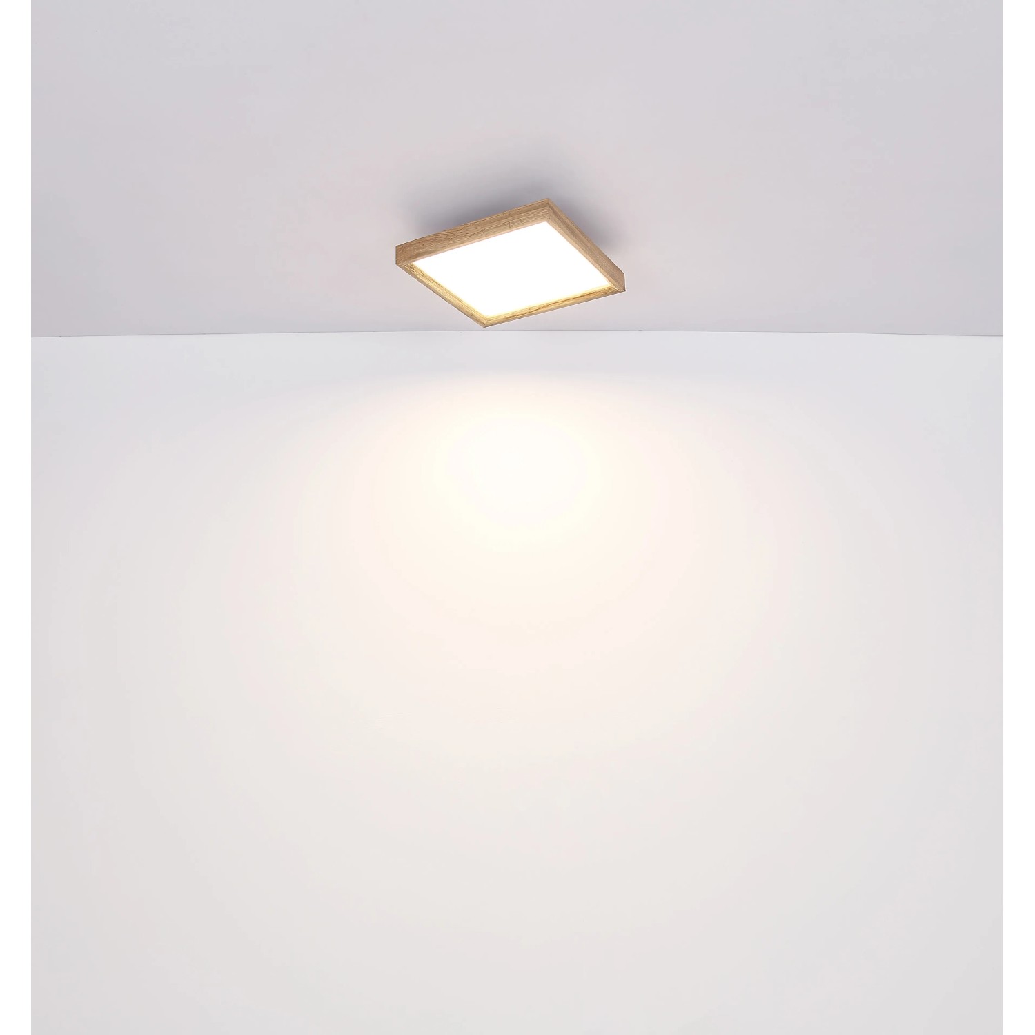 Quadratische LED-Deckenleuchte Cinderella in Holzoptik, weißer Rahmen, für stimmungsvolle Beleuchtung.