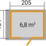 Grundriss OBI Outdoor Living Holz-Gartenhaus Monza, 205x174 cm, mit Maßangaben.