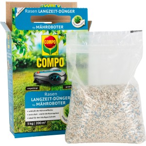 Compo Rasen-Langzeitdünger für Mähroboter, 5 kg Packung. Spezialdünger für einen dichten, grünen Rasen.