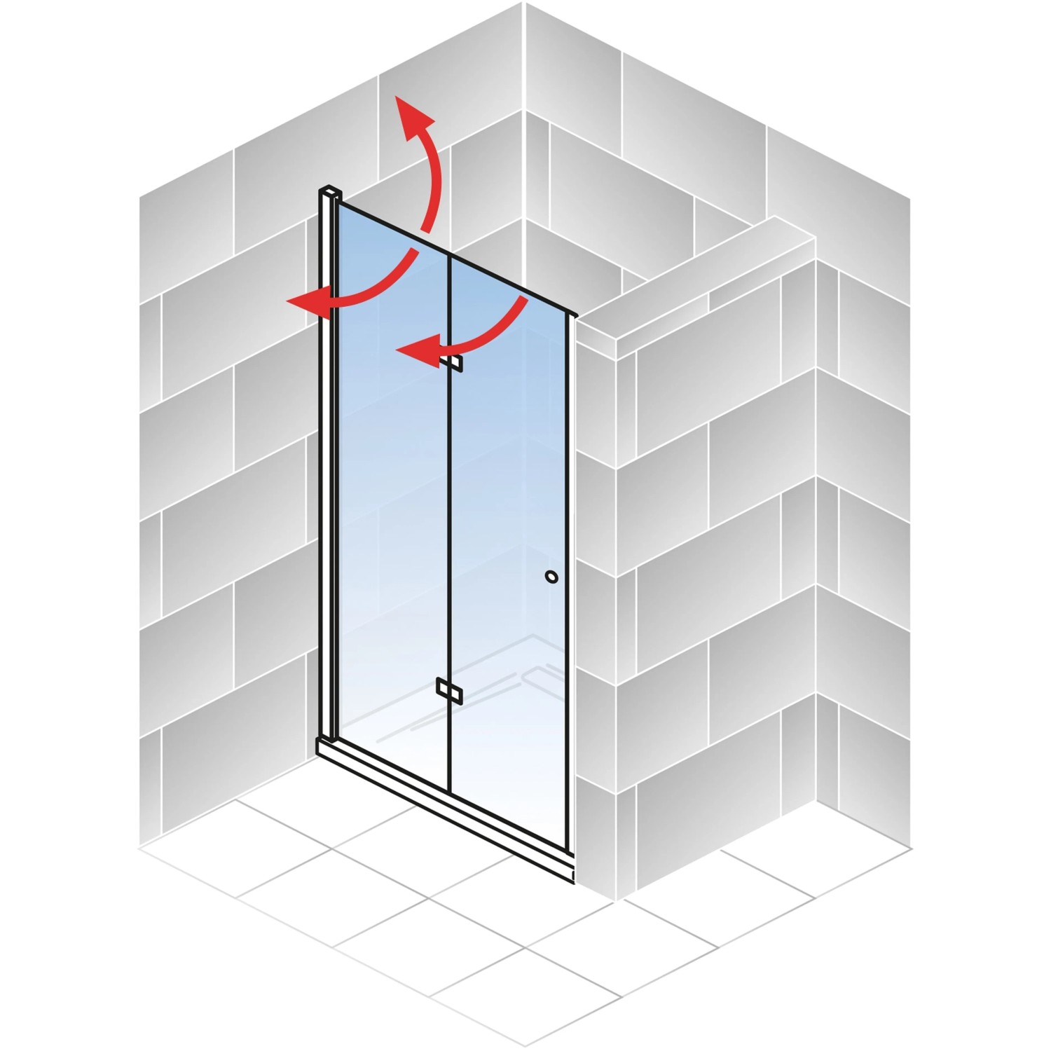 Schulte Drehfalttür ExpressPlus Garant 2.0, mattschwarz, 200x90 cm, mit roten Pfeilen die Drehfunktion andeutend.