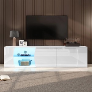okwish TV Schrank mit Glas Türen LED Lowboard Wohnzimmer 80 Zoll 180x40x45cm Weiß