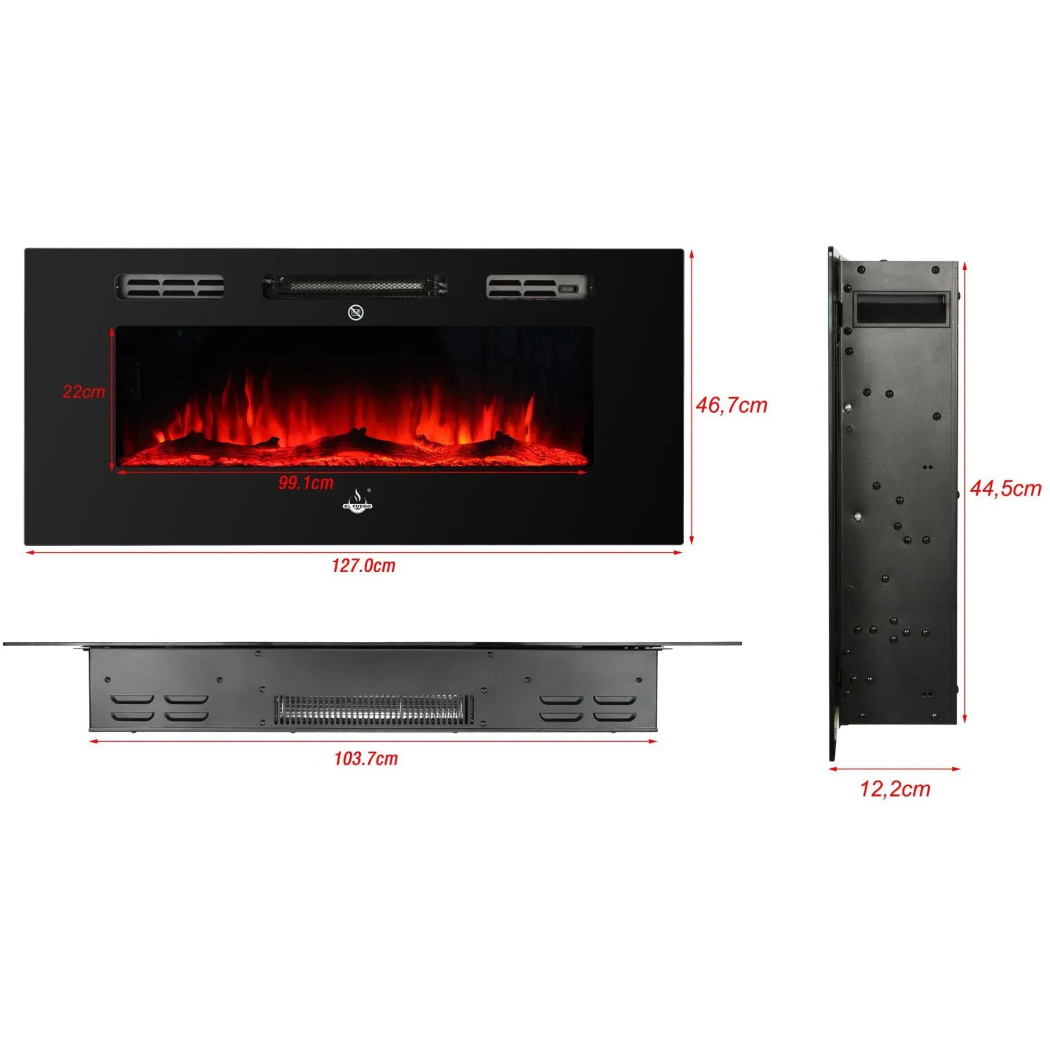 El Fuego Elektrokamin Bern 130 mit LED-Flammeneffekt und Maßangaben.
