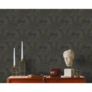 Schwarze Vliestapete mit Paisley Muster im Vintage Stil. Dekorative Tapete für Wohn- und Schlafzimmer.