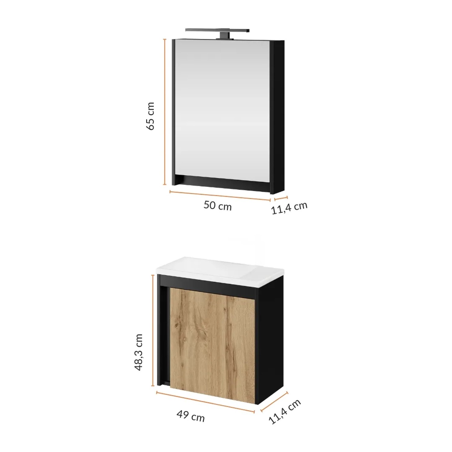 Planetmöbel Badmöbel Set 50 cm Schwarz Matt Wotan Eiche mit Waschbecken LED Spiegelschrank