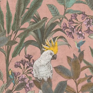 Rosa Dschungel Tapete mit Kakadu, Kolibri und Pflanzen. Dekorative Vliestapete.