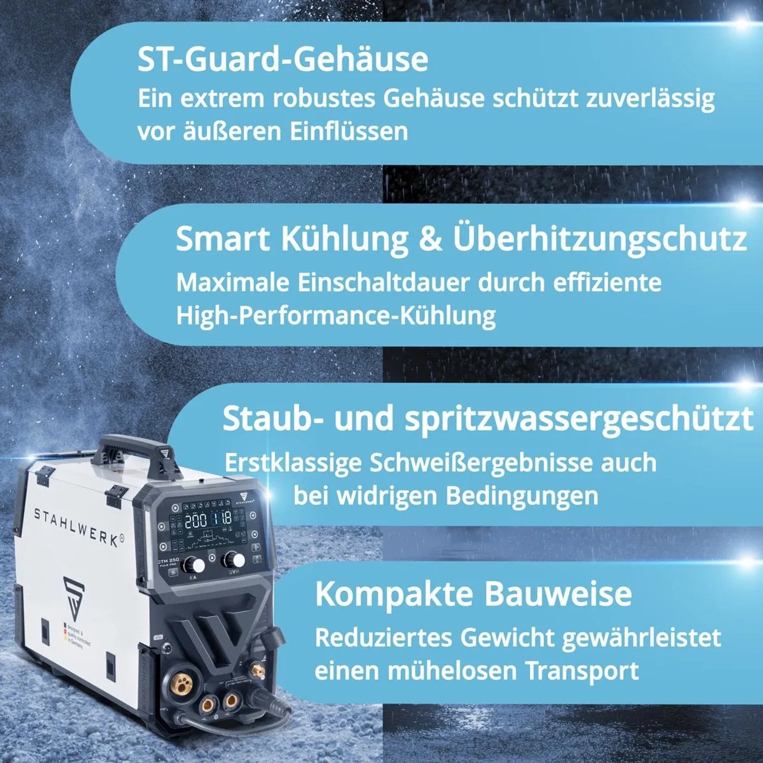 STAHLWERK CTM-250 PULS Pro 6-in-1 Schweißgerät, weiß-grau. Robust, staub- & spritzwassergeschützt, effiziente Kühlung, kompakt.
