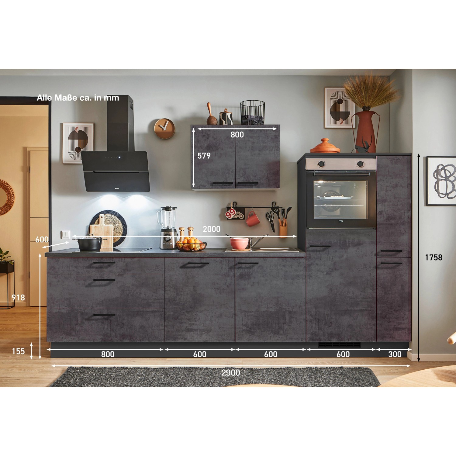pino Küchenzeile 290cm Beton Grafitgrau Anschlag R 1 Geräte-. 1 Seitenschra günstig online kaufen