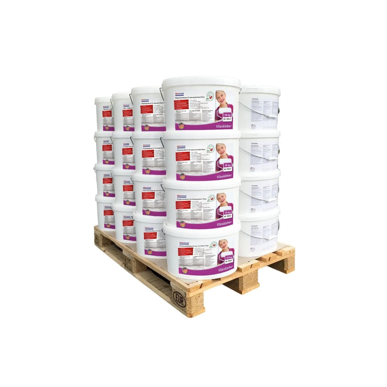 PROFHOME Vlieskleber Kleber für Malervlies Renoviervlies max. 3360 qm 1 Palette mit 32 Eimern 512 kg Weiß